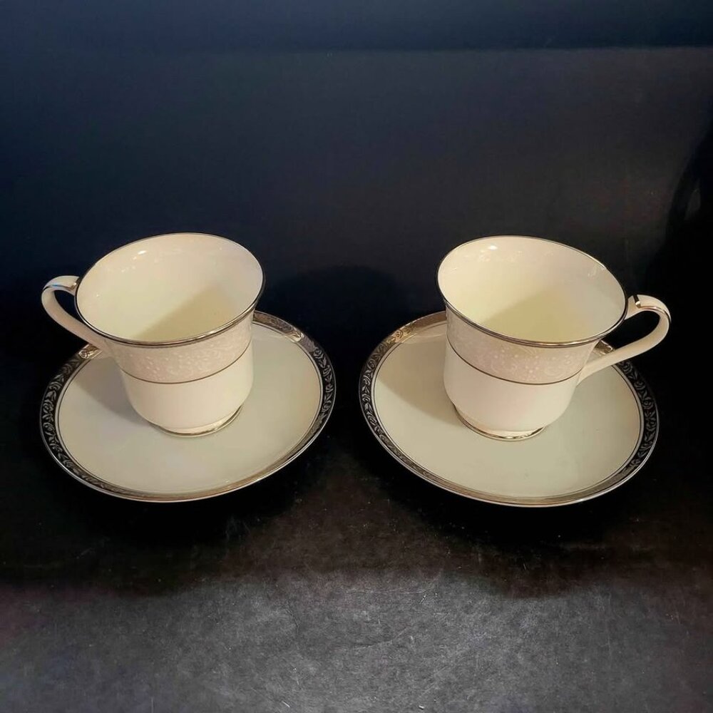 Noritake Silver Palace Footed Cup & Saucer Set Of Two